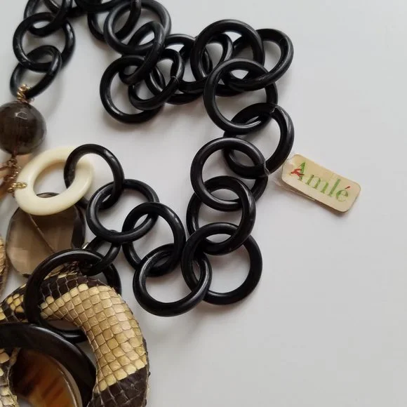 AMLE Italian Python Snakeskin Long Chain Horn Necklace - Picture 12 of 16